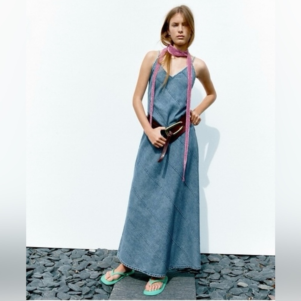 Zara Blue Denim Midi Dress Paneled Bias Diagonal Spaghetti Strap V Neck